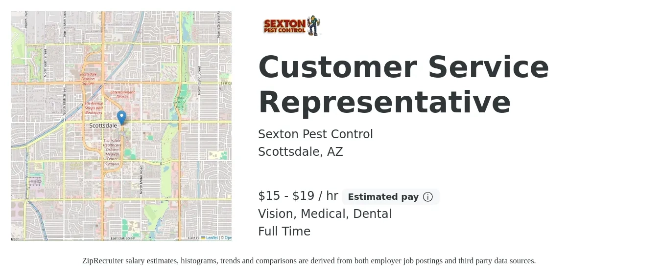 Sexton Pest Control job posting for a Customer Service Representative in Scottsdale, AZ with a salary of $16 to $20 Hourly and benefits including dental, life_insurance, medical, pto, retirement, and vision with a map of Scottsdale location.