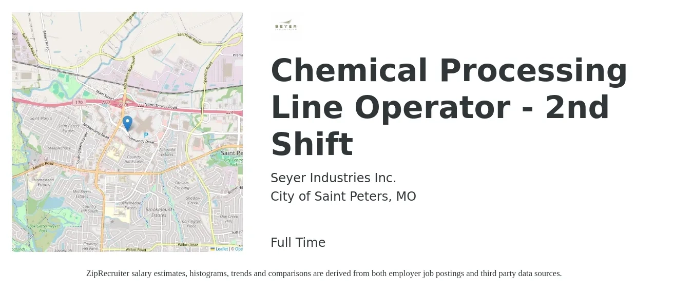 Seyer Industries Inc. job posting for a Chemical Processing Line Operator - 2nd Shift in City of Saint Peters, MO with a salary of $16 to $23 Hourly with a map of City of Saint Peters location.