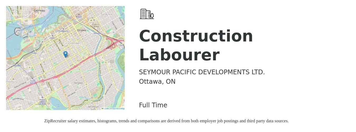 SEYMOUR PACIFIC DEVELOPMENTS LTD. job posting for a Construction Labourer in Ottawa, ON with a map of Ottawa location.