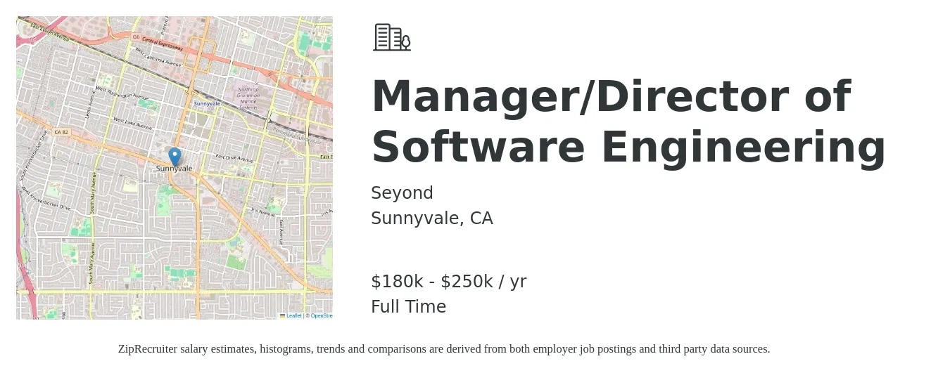 Seyond job posting for a Manager/Director of Software Engineering in Sunnyvale, CA with a salary of $180,000 to $250,000 Yearly with a map of Sunnyvale location.