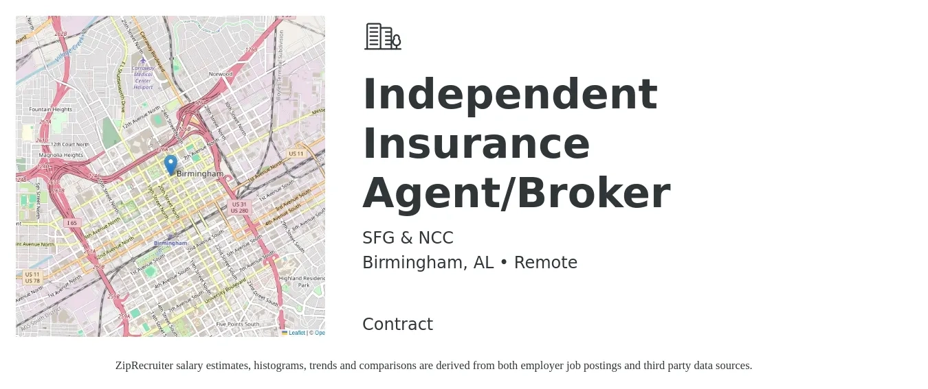 SFG & NCC job posting for a Independent Insurance Agent/Broker in Birmingham, AL with a salary of $41,700 to $72,200 Yearly with a map of Birmingham location.