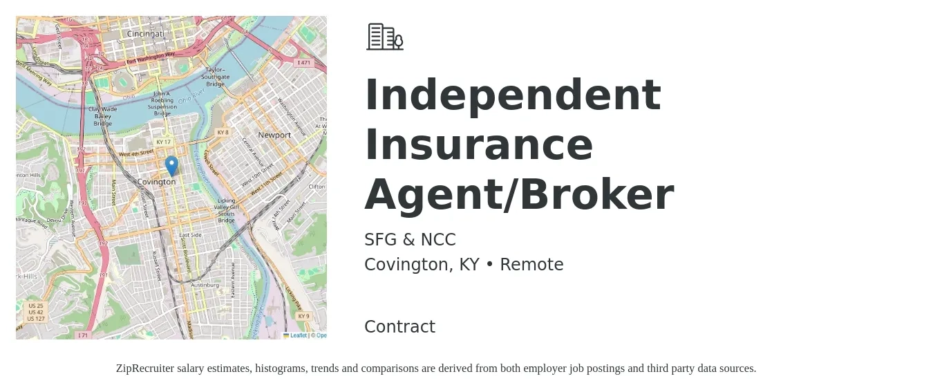 SFG & NCC job posting for a Independent Insurance Agent/Broker in Covington, KY with a salary of $43,200 to $74,700 Yearly with a map of Covington location.
