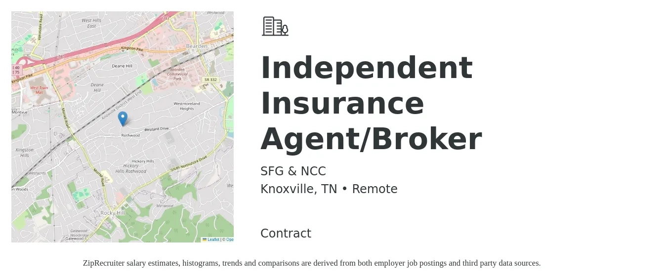 SFG & NCC job posting for a Independent Insurance Agent/Broker in Knoxville, TN with a salary of $42,500 to $73,500 Yearly with a map of Knoxville location.