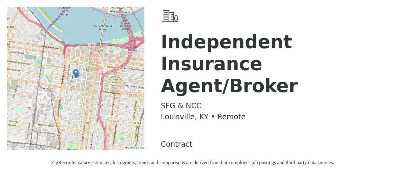 SFG & NCC job posting for a Independent Insurance Agent/Broker in Louisville, KY with a salary of $42,800 to $74,000 Yearly with a map of Louisville location.