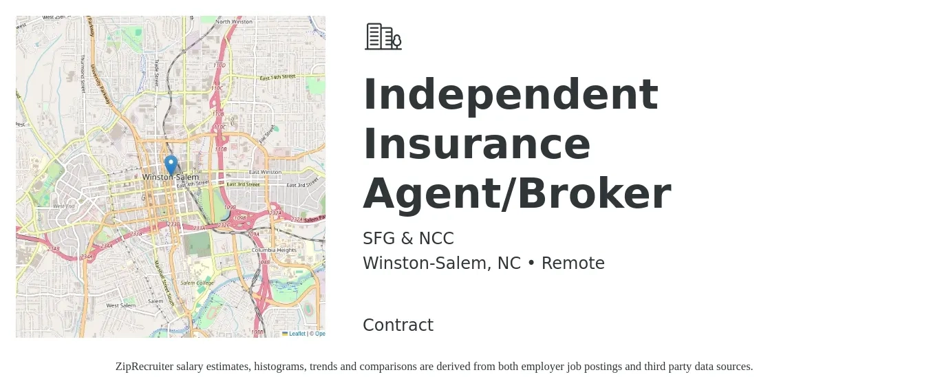 SFG & NCC job posting for a Independent Insurance Agent/Broker in Winston-Salem, NC with a salary of $41,100 to $71,000 Yearly with a map of Winston-Salem location.