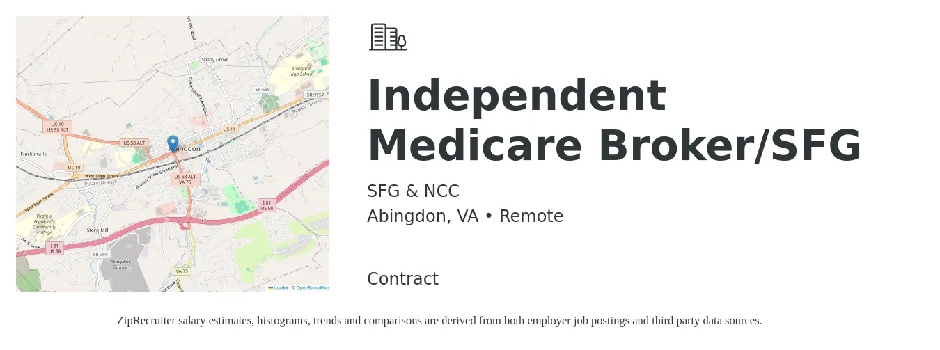 SFG & NCC job posting for a Independent Medicare Broker/SFG in Abingdon, VA with a salary of $43,300 to $126,600 Yearly with a map of Abingdon location.