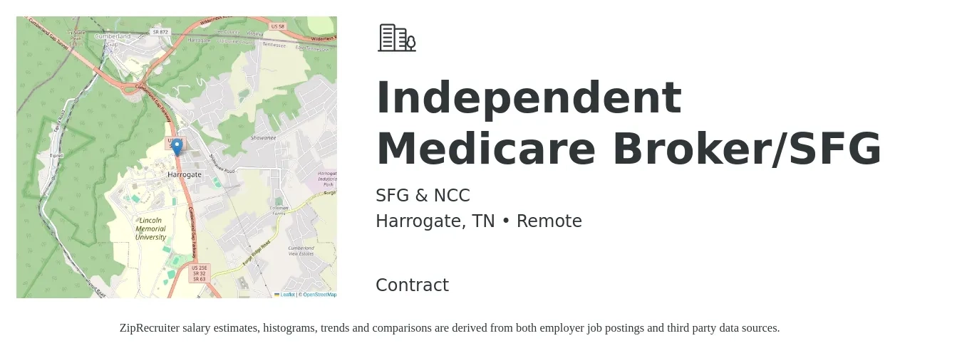SFG & NCC job posting for a Independent Medicare Broker/SFG in Harrogate, TN with a salary of $36,600 to $107,000 Yearly with a map of Harrogate location.