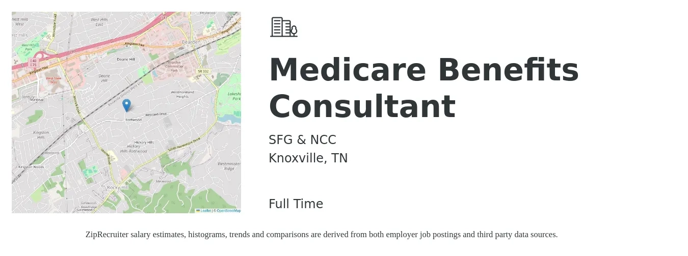 SFG & NCC job posting for a Medicare Benefits Consultant in Knoxville, TN with a salary of $38,700 to $77,800 Yearly with a map of Knoxville location.