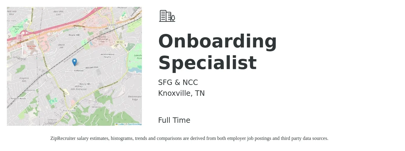 SFG & NCC job posting for a Onboarding Specialist in Knoxville, TN with a salary of $19 to $29 Hourly with a map of Knoxville location.