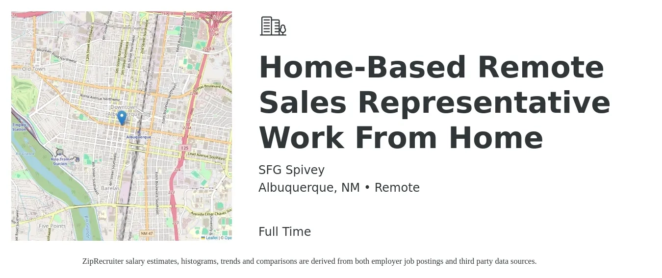 SFG Spivey job posting for a Home-Based Remote Sales Representative Work From Home in Albuquerque, NM with a salary of $51,900 to $90,100 Yearly with a map of Albuquerque location.