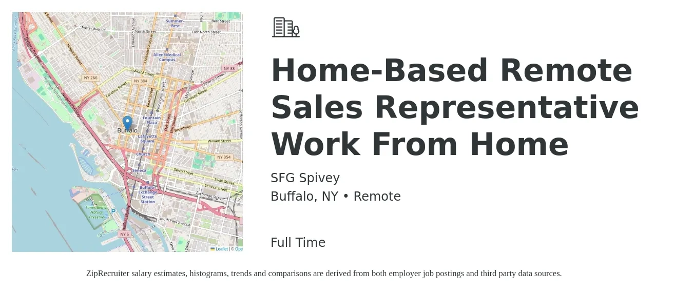SFG Spivey job posting for a Home-Based Remote Sales Representative Work From Home in Buffalo, NY with a salary of $51,800 to $90,100 Yearly with a map of Buffalo location.