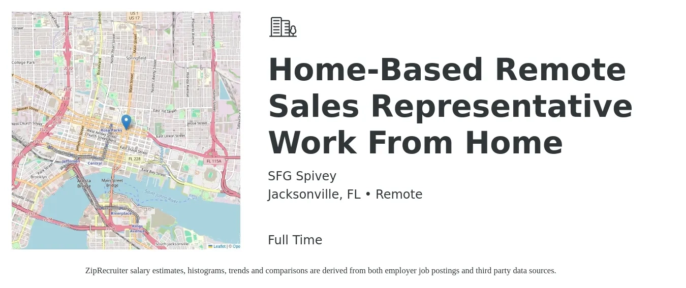 SFG Spivey job posting for a Home-Based Remote Sales Representative Work From Home in Jacksonville, FL with a salary of $50,200 to $87,200 Yearly with a map of Jacksonville location.