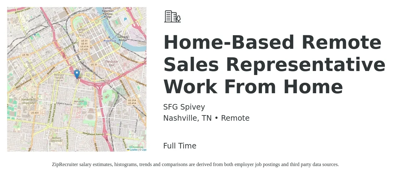SFG Spivey job posting for a Home-Based Remote Sales Representative Work From Home in Nashville, TN with a salary of $51,700 to $89,800 Yearly with a map of Nashville location.