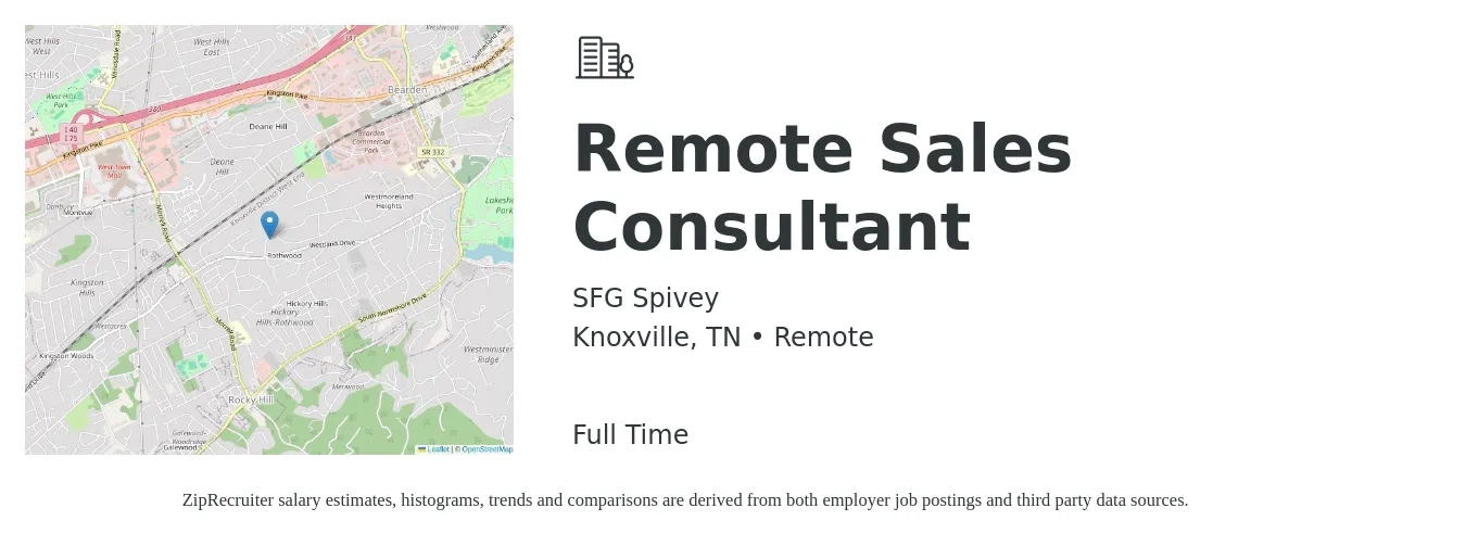 SFG Spivey job posting for a Remote Sales Consultant in Knoxville, TN with a salary of $38,700 to $75,900 Yearly with a map of Knoxville location.
