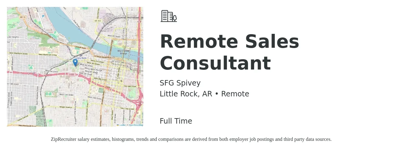 SFG Spivey job posting for a Remote Sales Consultant in Little Rock, AR with a salary of $38,700 to $76,000 Yearly with a map of Little Rock location.