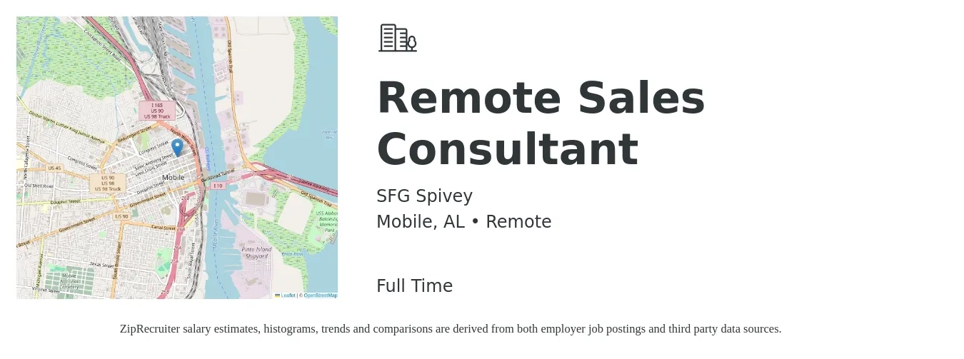 SFG Spivey job posting for a Remote Sales Consultant in Mobile, AL with a salary of $40,200 to $78,900 Yearly with a map of Mobile location.