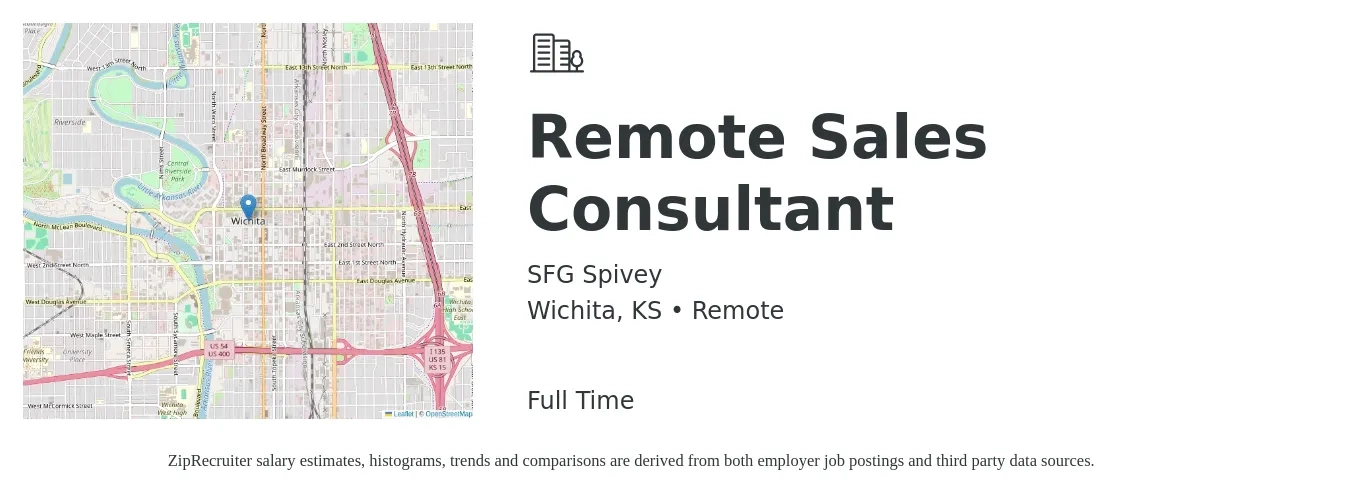 SFG Spivey job posting for a Remote Sales Consultant in Wichita, KS with a salary of $36,200 to $71,100 Yearly with a map of Wichita location.