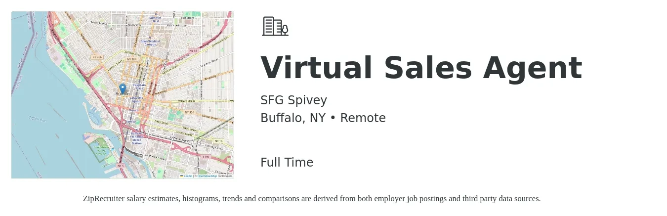 SFG Spivey job posting for a Virtual Sales Agent in Buffalo, NY with a salary of $16 to $25 Hourly with a map of Buffalo location.