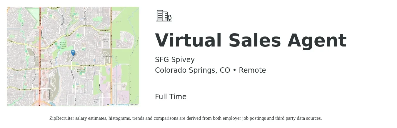 SFG Spivey job posting for a Virtual Sales Agent in Colorado Springs, CO with a salary of $16 to $25 Hourly with a map of Colorado Springs location.