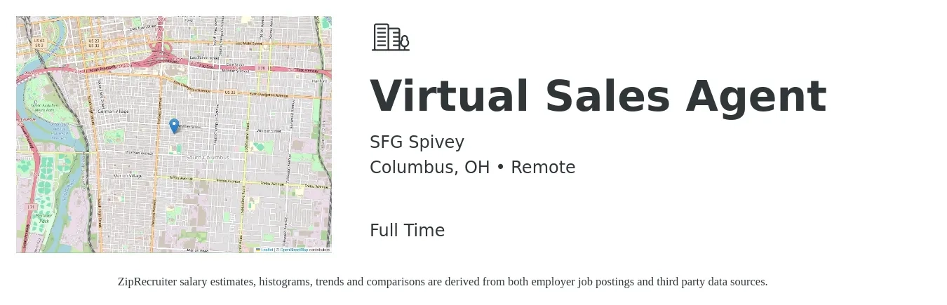 SFG Spivey job posting for a Virtual Sales Agent in Columbus, OH with a salary of $16 to $25 Hourly with a map of Columbus location.