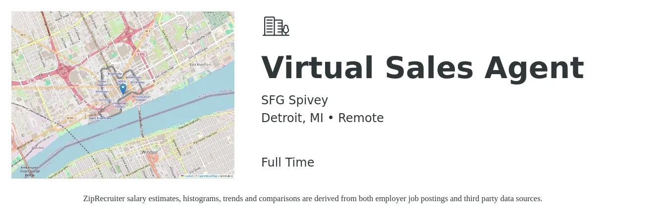 SFG Spivey job posting for a Virtual Sales Agent in Detroit, MI with a salary of $17 to $25 Hourly with a map of Detroit location.