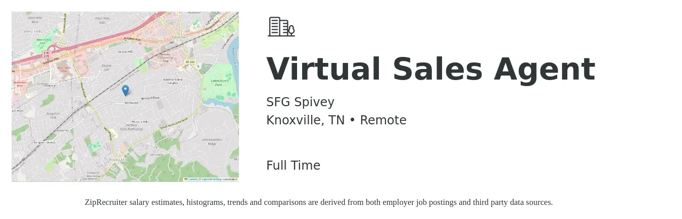 SFG Spivey job posting for a Virtual Sales Agent in Knoxville, TN with a salary of $16 to $24 Hourly with a map of Knoxville location.