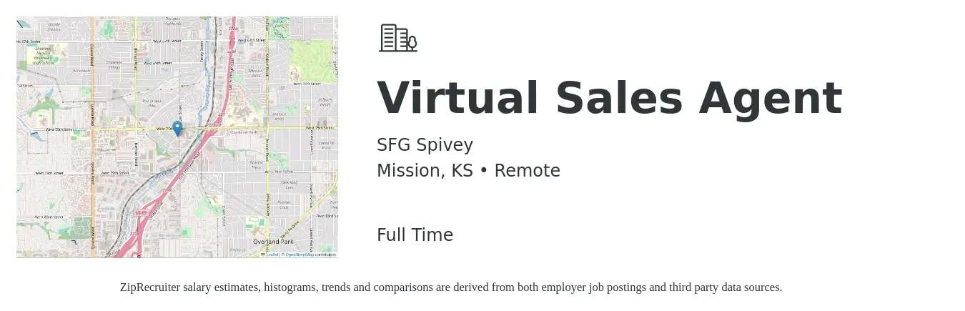 SFG Spivey job posting for a Virtual Sales Agent in Mission, KS with a salary of $17 to $25 Hourly with a map of Mission location.