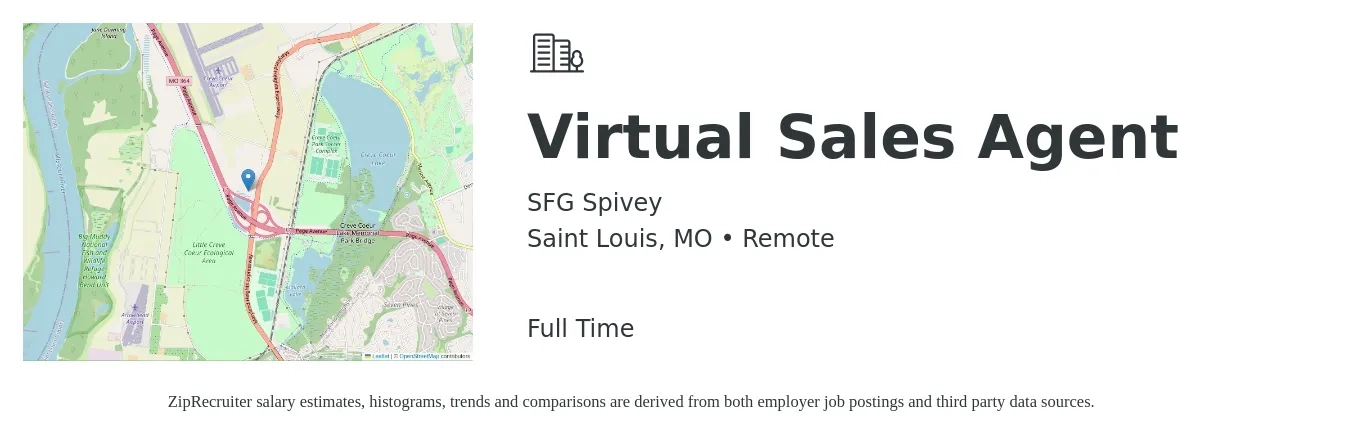 SFG Spivey job posting for a Virtual Sales Agent in Saint Louis, MO with a salary of $46,200 to $87,000 Yearly with a map of Saint Louis location.