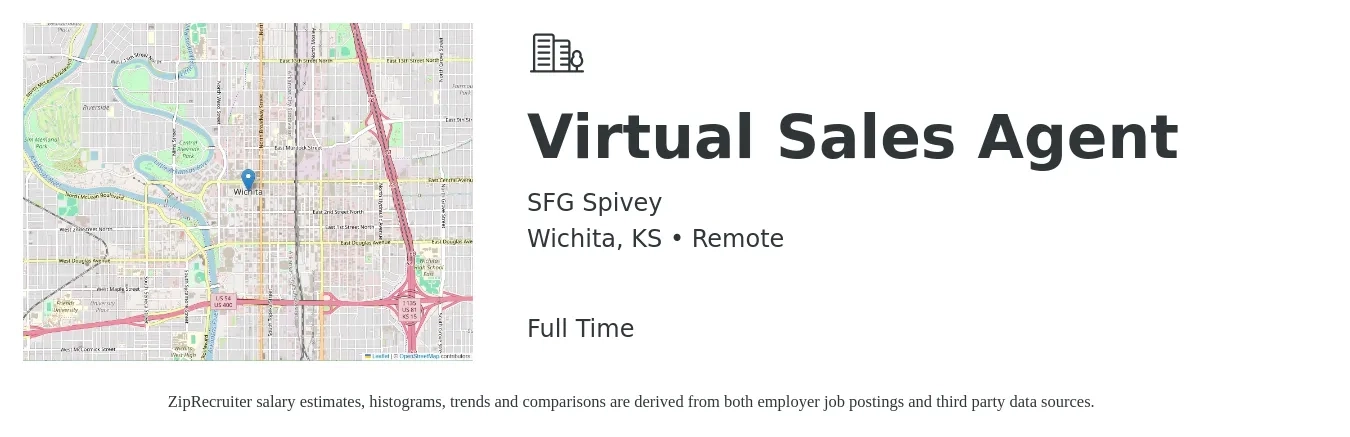 SFG Spivey job posting for a Virtual Sales Agent in Wichita, KS with a salary of $15 to $23 Hourly with a map of Wichita location.