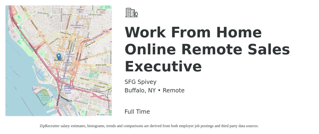 SFG Spivey job posting for a Work From Home Online Remote Sales Executive in Buffalo, NY with a salary of $63,900 to $112,800 Yearly with a map of Buffalo location.