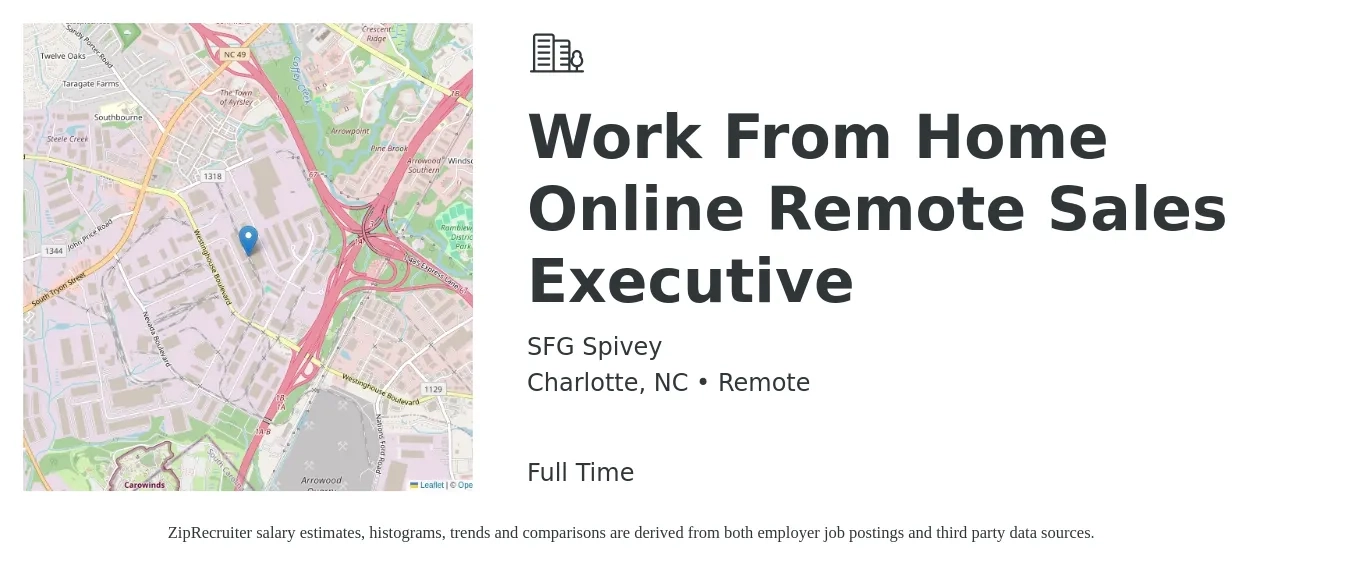 SFG Spivey job posting for a Work From Home Online Remote Sales Executive in Charlotte, NC with a salary of $64,900 to $114,600 Yearly with a map of Charlotte location.