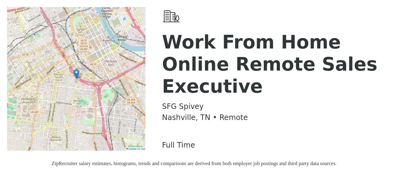 SFG Spivey job posting for a Work From Home Online Remote Sales Executive in Nashville, TN with a salary of $63,700 to $112,500 Yearly with a map of Nashville location.