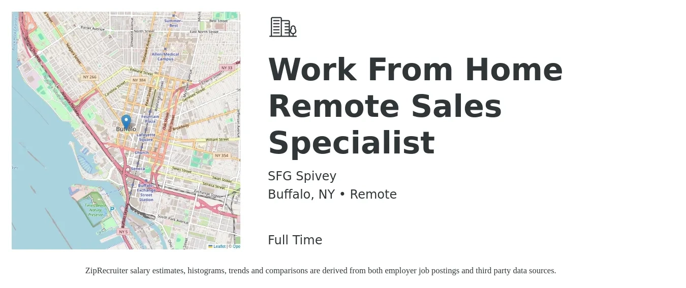 SFG Spivey job posting for a Work From Home Remote Sales Specialist in Buffalo, NY with a salary of $43,600 to $96,400 Yearly with a map of Buffalo location.