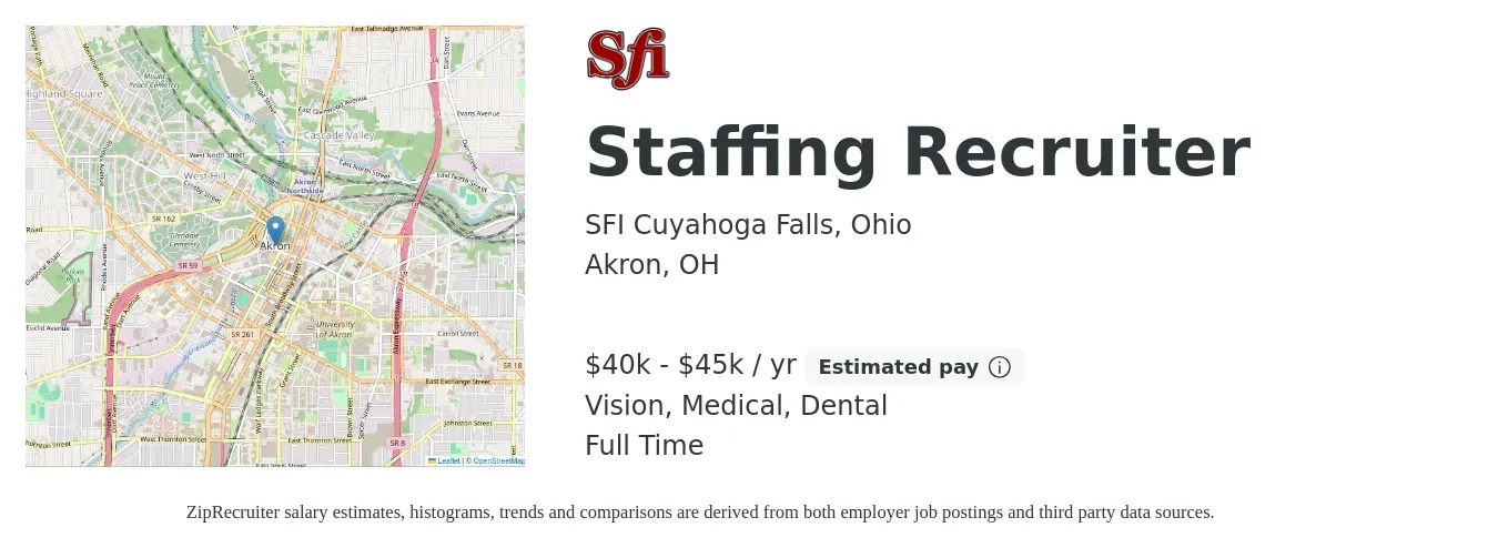 SFI Cuyahoga Falls, Ohio job posting for a Staffing Recruiter in Akron, OH with a salary of $40,000 to $45,000 Yearly and benefits including medical, pto, retirement, vision, dental, and life_insurance with a map of Akron location.