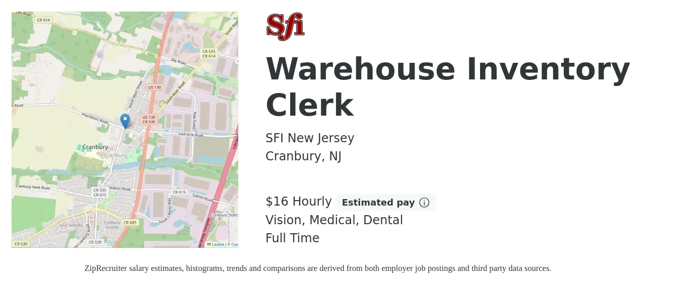 SFI New Jersey job posting for a Warehouse Inventory Clerk in Cranbury, NJ with a salary of $17 Hourly and benefits including dental, medical, and vision with a map of Cranbury location.