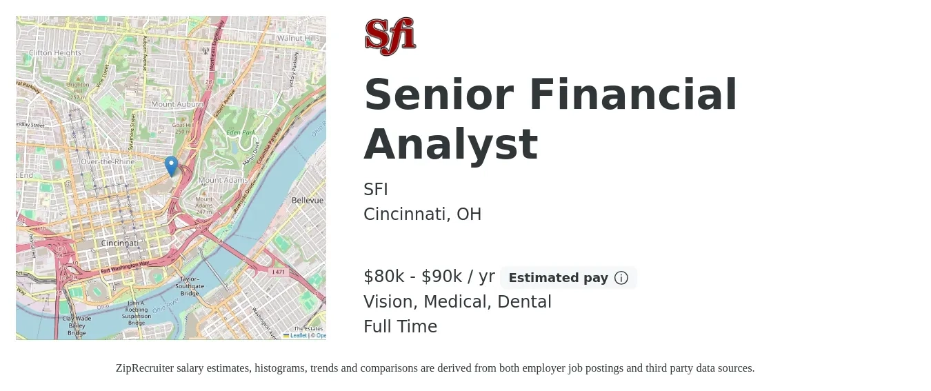 SFI job posting for a Senior Financial Analyst in Cincinnati, OH with a salary of $80,000 to $90,000 Yearly and benefits including retirement, vision, dental, medical, and pto with a map of Cincinnati location.