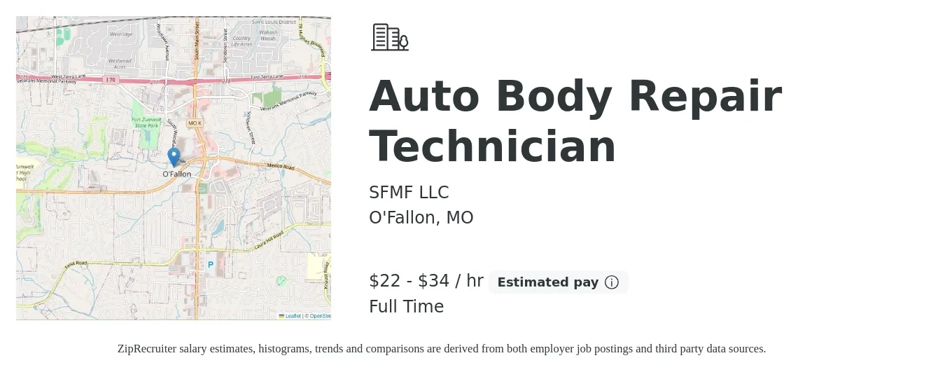 SFMF LLC job posting for a Auto Body Repair Technician in O'Fallon, MO with a salary of $23 to $36 Hourly with a map of O'Fallon location.
