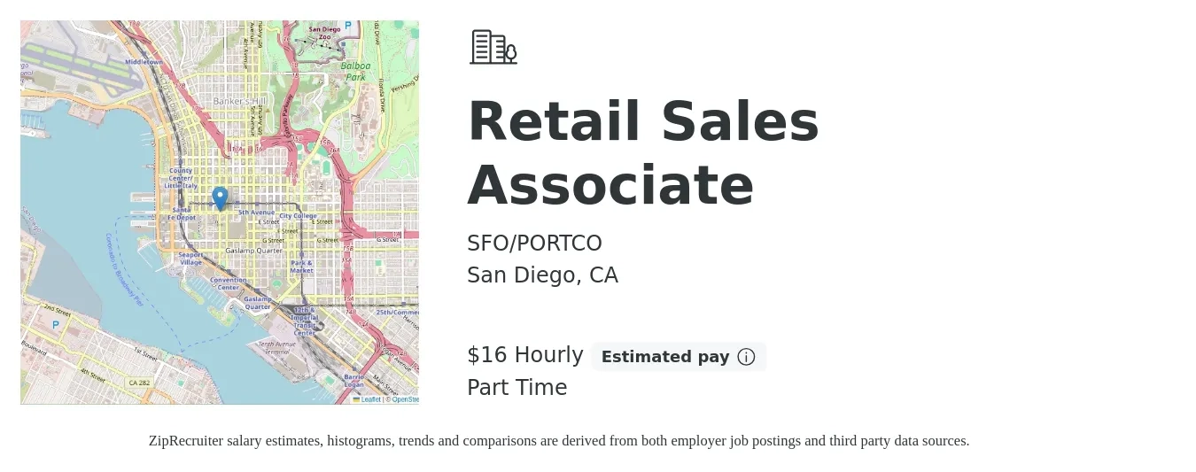 SFO/PORTCO job posting for a Retail Sales Associate in San Diego, CA with a salary of $17 Hourly with a map of San Diego location.