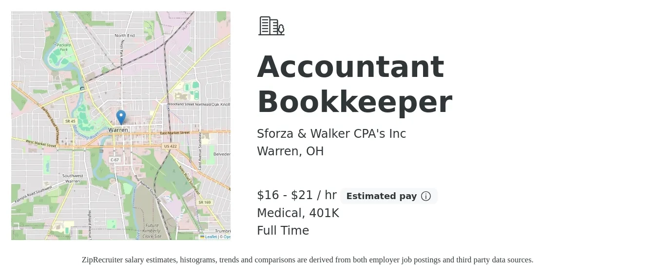 Sforza & Walker CPA's Inc job posting for a Accountant Bookkeeper in Warren, OH with a salary of $17 to $22 Hourly and benefits including medical, 401k, and life_insurance with a map of Warren location.