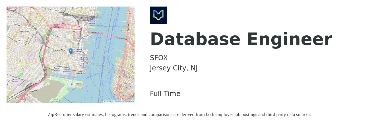 SFOX job posting for a Database Engineer in Jersey City, NJ with a salary of $103,900 to $146,100 Yearly with a map of Jersey City location.