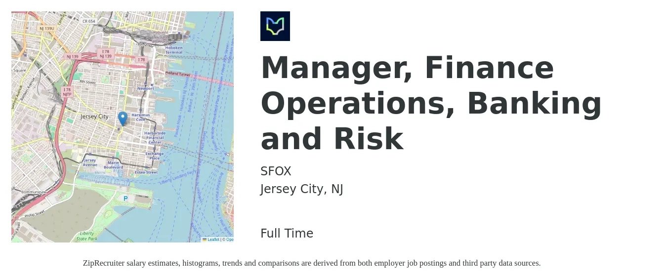 SFOX job posting for a Manager, Finance Operations, Banking and Risk in Jersey City, NJ with a salary of $76,700 to $166,000 Yearly with a map of Jersey City location.