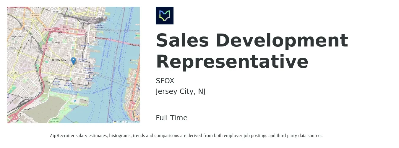 SFOX job posting for a Sales Development Representative in Jersey City, NJ with a salary of $43,800 to $63,700 Yearly with a map of Jersey City location.
