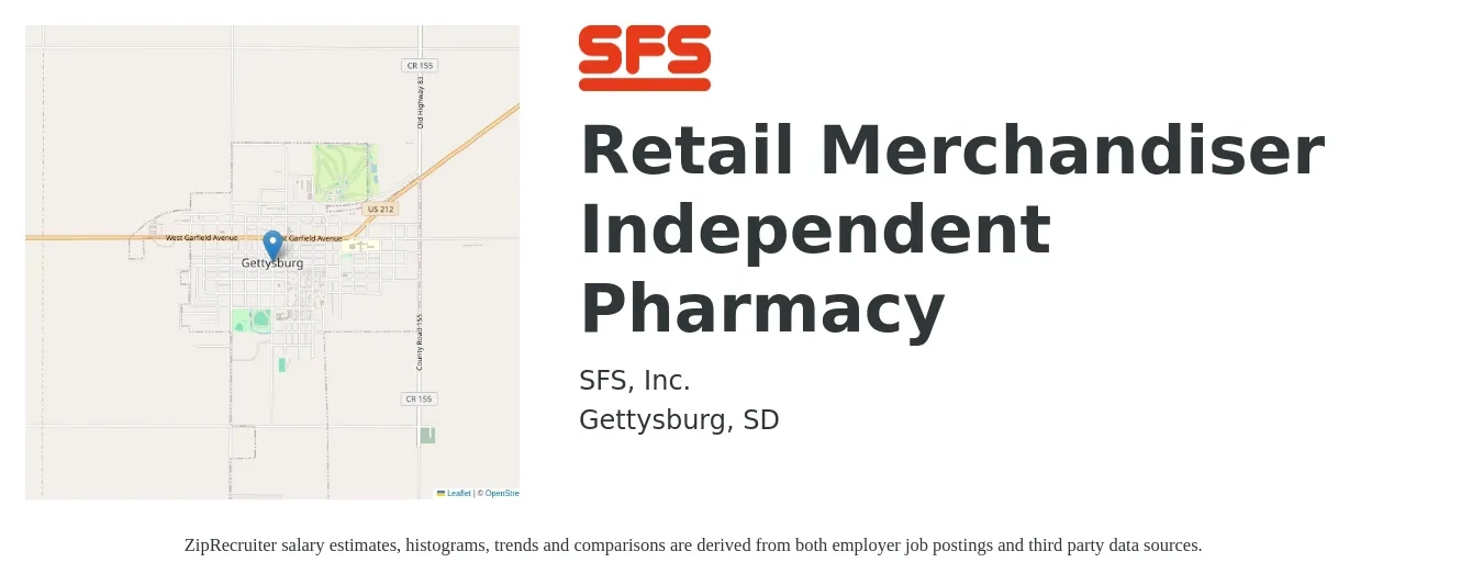 SFS, Inc. job posting for a Retail Merchandiser Independent Pharmacy in Gettysburg, SD with a salary of $14 to $17 Hourly with a map of Gettysburg location.