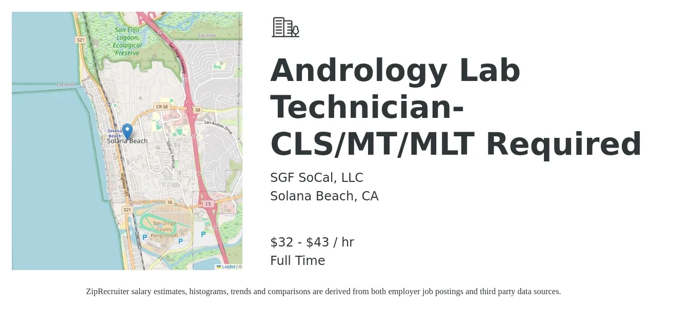 SGF SoCal, LLC job posting for a Andrology Lab Technician- CLS/MT/MLT Required in Solana Beach, CA with a salary of $34 to $45 Hourly with a map of Solana Beach location.