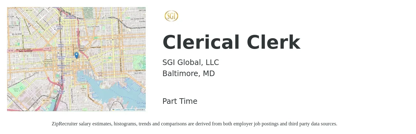 SGI Global, LLC job posting for a Clerical Clerk in Baltimore, MD with a salary of $16 to $18 Hourly with a map of Baltimore location.