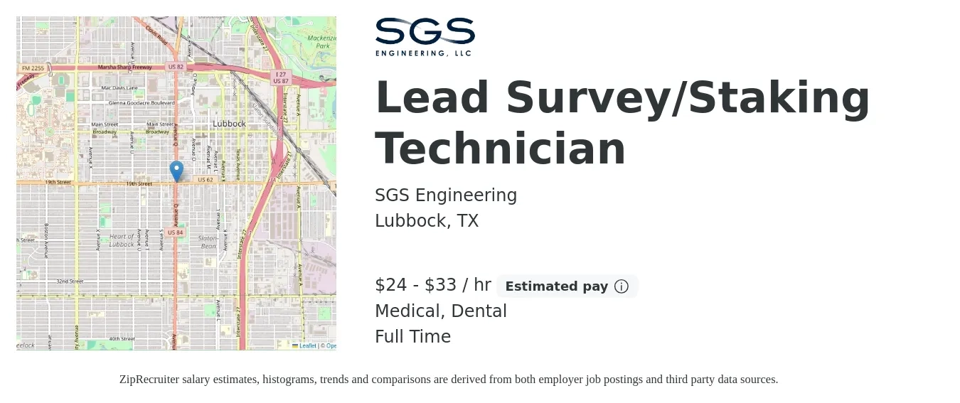 SGS Engineering job posting for a Lead Survey/Staking Technician in Lubbock, TX with a salary of $25 to $35 Hourly and benefits including dental, life_insurance, medical, and retirement with a map of Lubbock location.