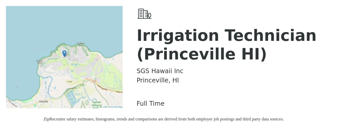 SGS Hawaii Inc job posting for a Irrigation Technician (Princeville HI) in Princeville, HI with a salary of $23 to $30 Hourly with a map of Princeville location.