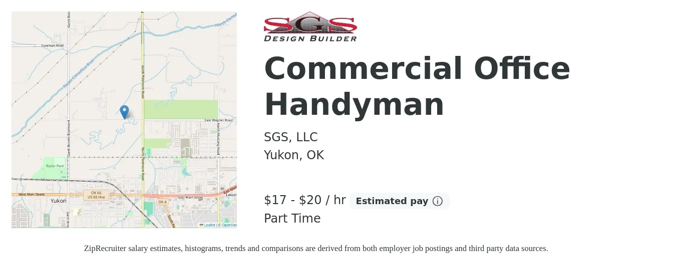 SGS, LLC job posting for a Commercial Office Handyman in Yukon, OK with a salary of $18 to $21 Hourly with a map of Yukon location.