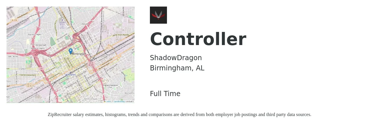 ShadowDragon job posting for a Controller in Birmingham, AL with a salary of $125,000 to $160,000 Yearly with a map of Birmingham location.