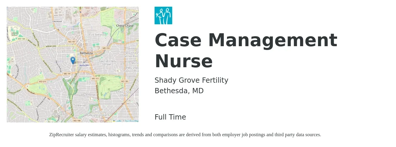 Shady Grove Fertility job posting for a Case Management Nurse in Bethesda, MD with a salary of $39 to $64 Hourly with a map of Bethesda location.